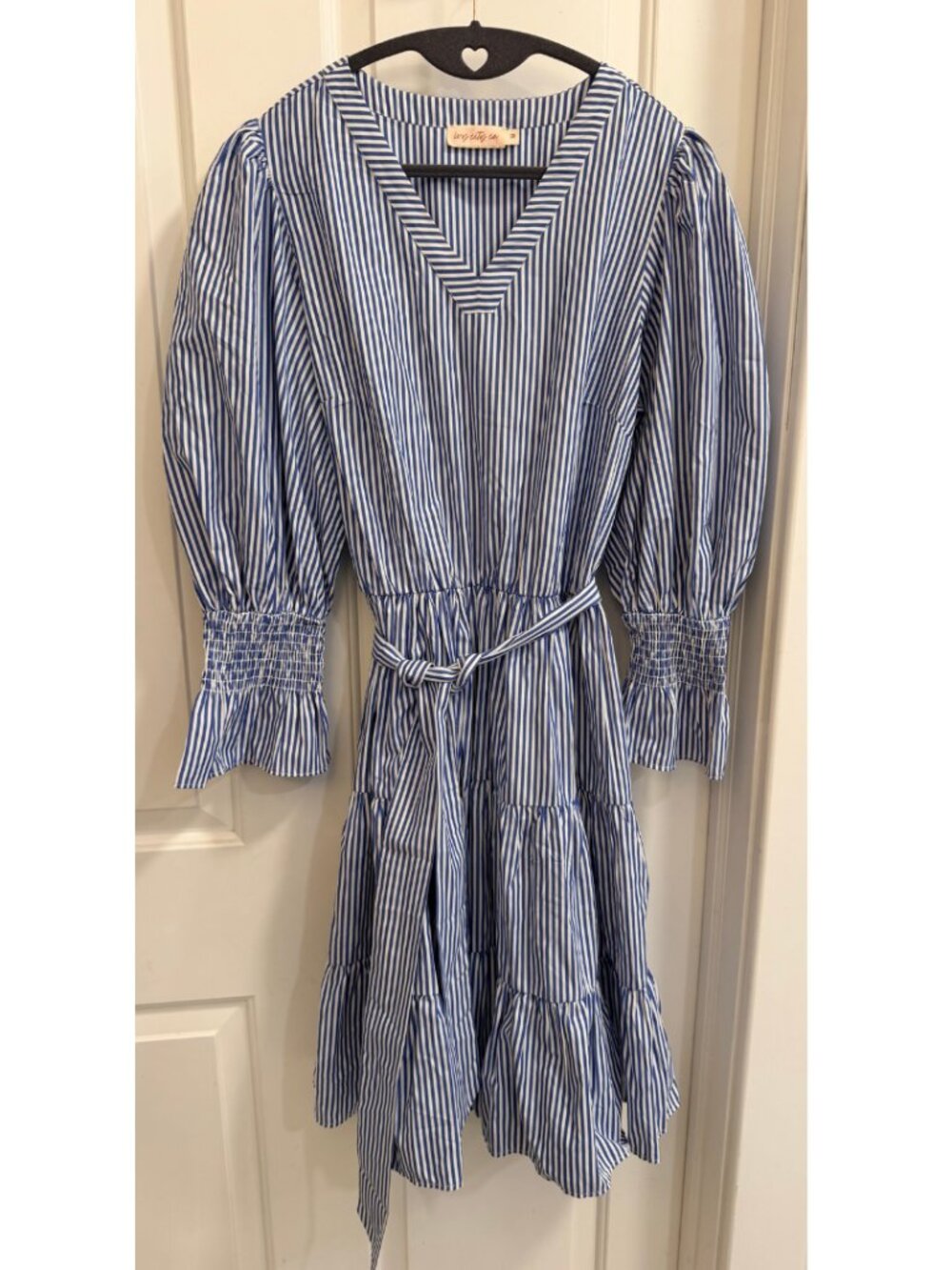 Ivy City Co Blue White Striped Tiered Dress M Puff Sleeve Belt Pockets